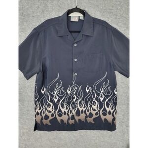 Breakdown Mens Button Up Short Sleeve Shirt Navy Flame Graphic Poly Large 0898